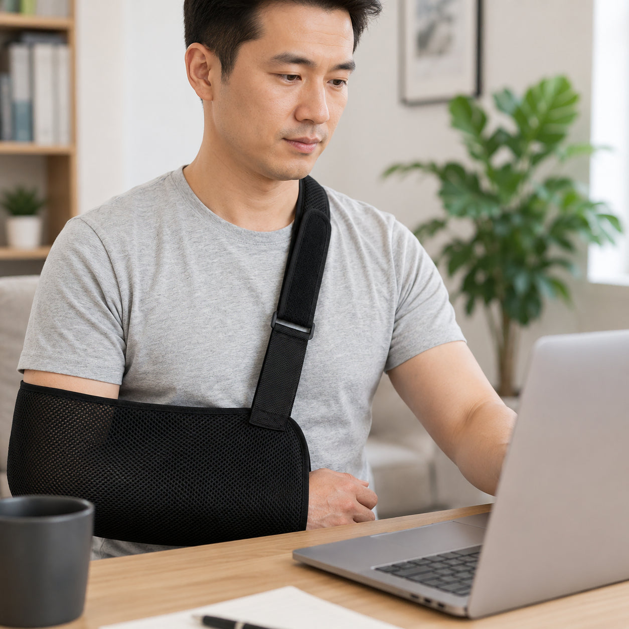 Un homme travaille sur un ordinateur portable et utilise une écharpe de bras réglable avec sangle d'épaule pour un soutien stable du bras.