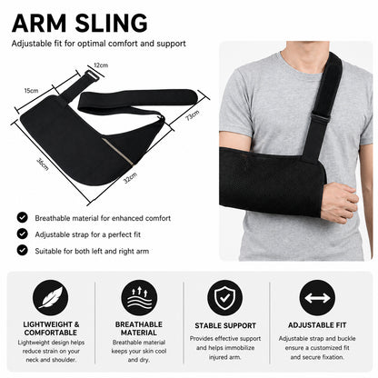 Guide des tailles et du produit pour écharpe de bras réglable avec sangle d'épaule, mesures et caractéristiques pour un soutien stable du bras.