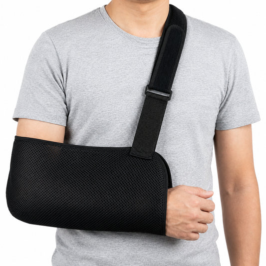 Écharpe de bras réglable avec sangle d'épaule offrant un soutien stable pour le bras et l'avant-bras.