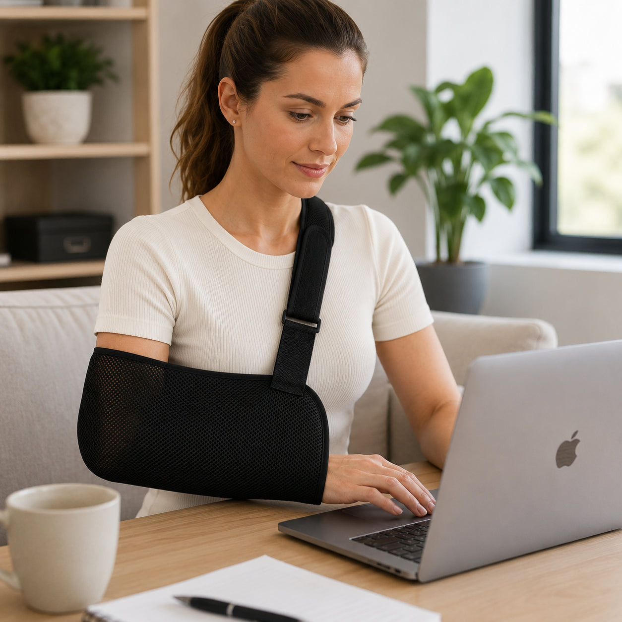 Une femme travaille sur un ordinateur portable et utilise une écharpe de bras réglable avec sangle d'épaule pour un soutien stable du bras.