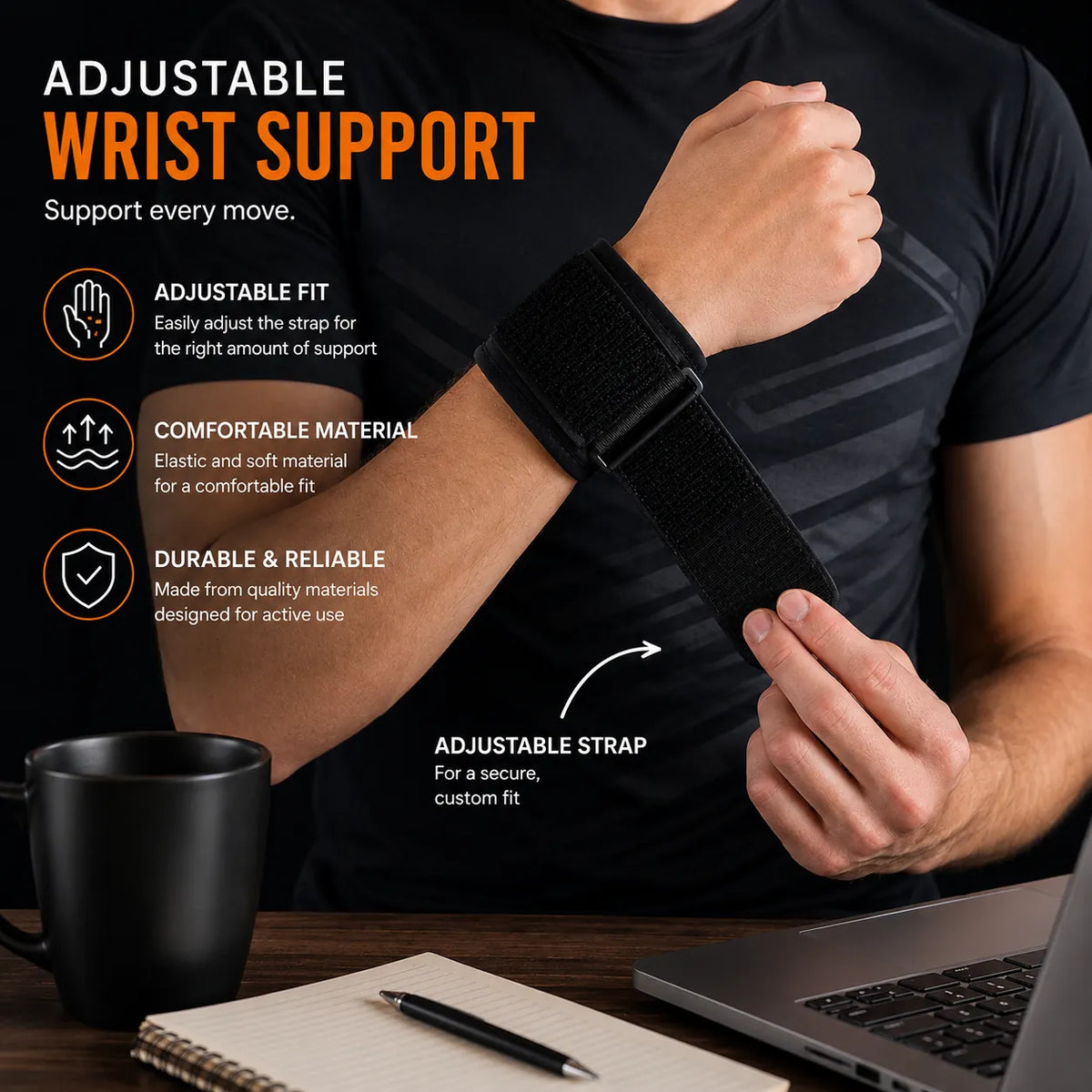 Support de poignet athlétique réglable avec sangle élastique pour un ajustement confortable pendant l'exercice et l'activité physique.