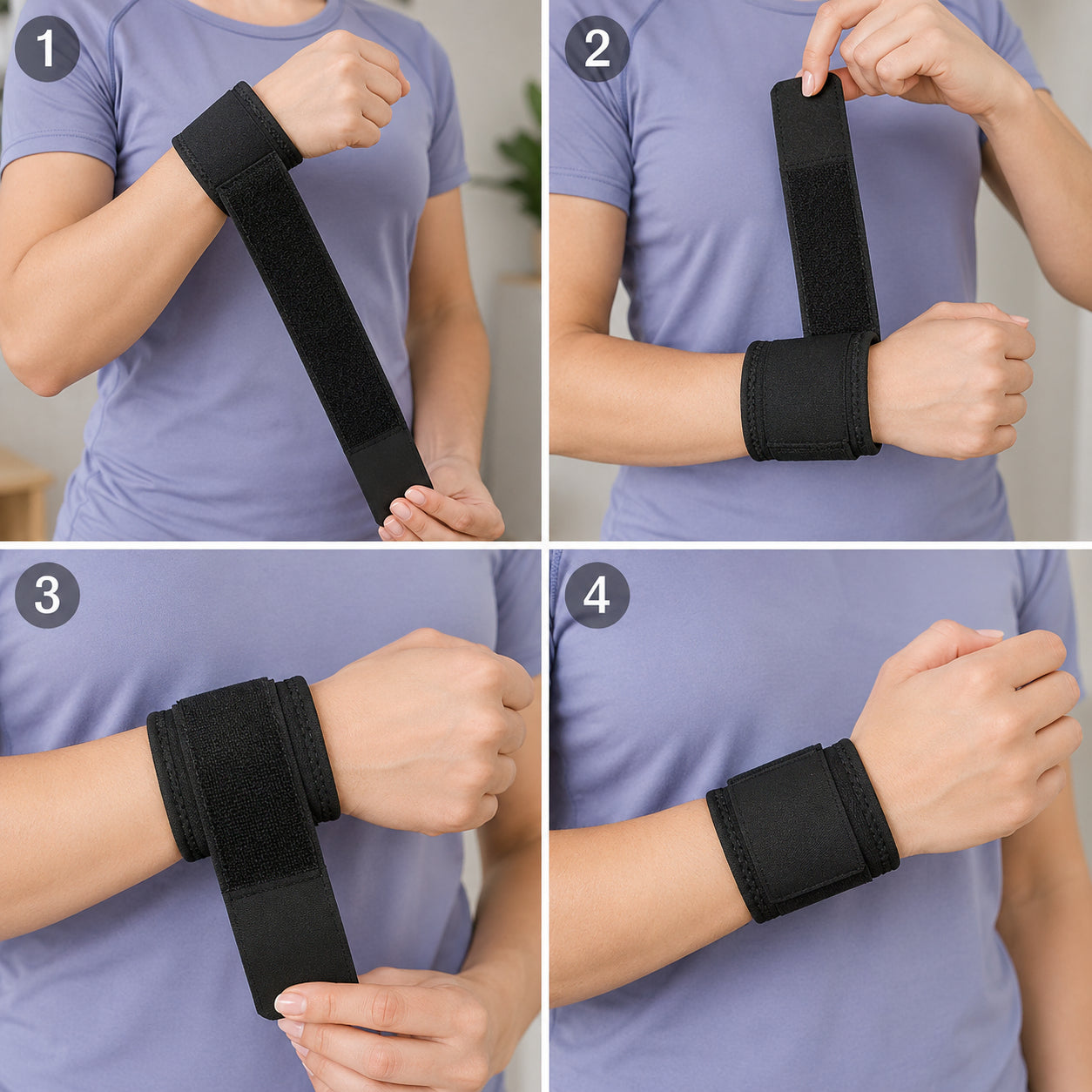 Guide étape par étape montrant comment mettre et ajuster une attelle de poignet élastique.