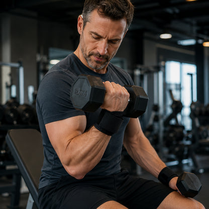 Un homme s'entraîne avec des haltères en salle de sport et utilise des attelles de poignet élastiques pour un soutien supplémentaire.