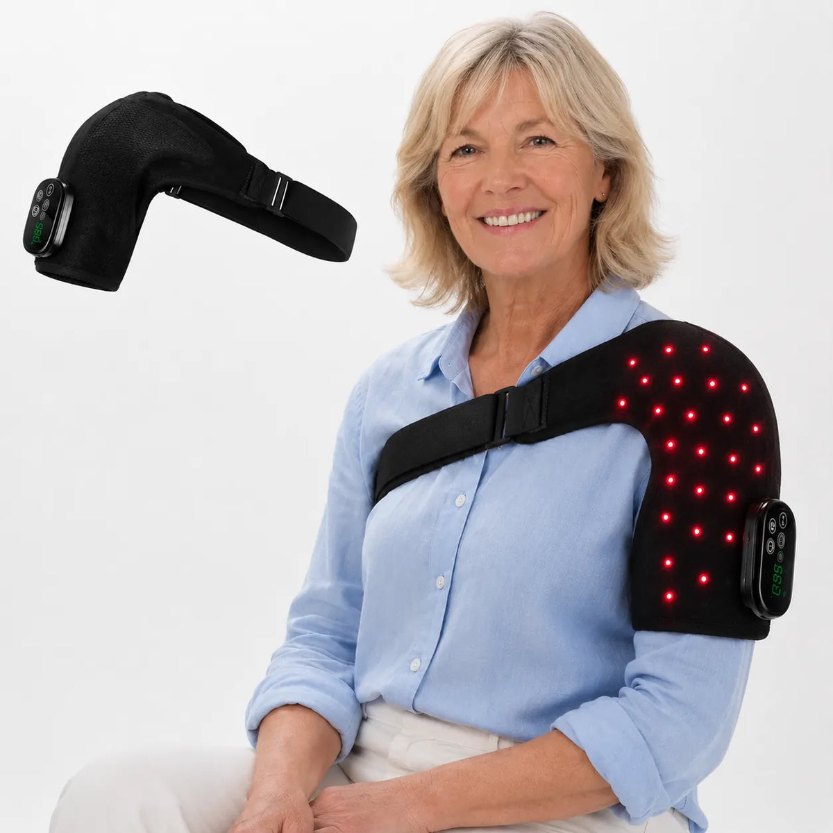 Ceinture à bandoulière avec massage et lumière rouge avec ajustement réglable.