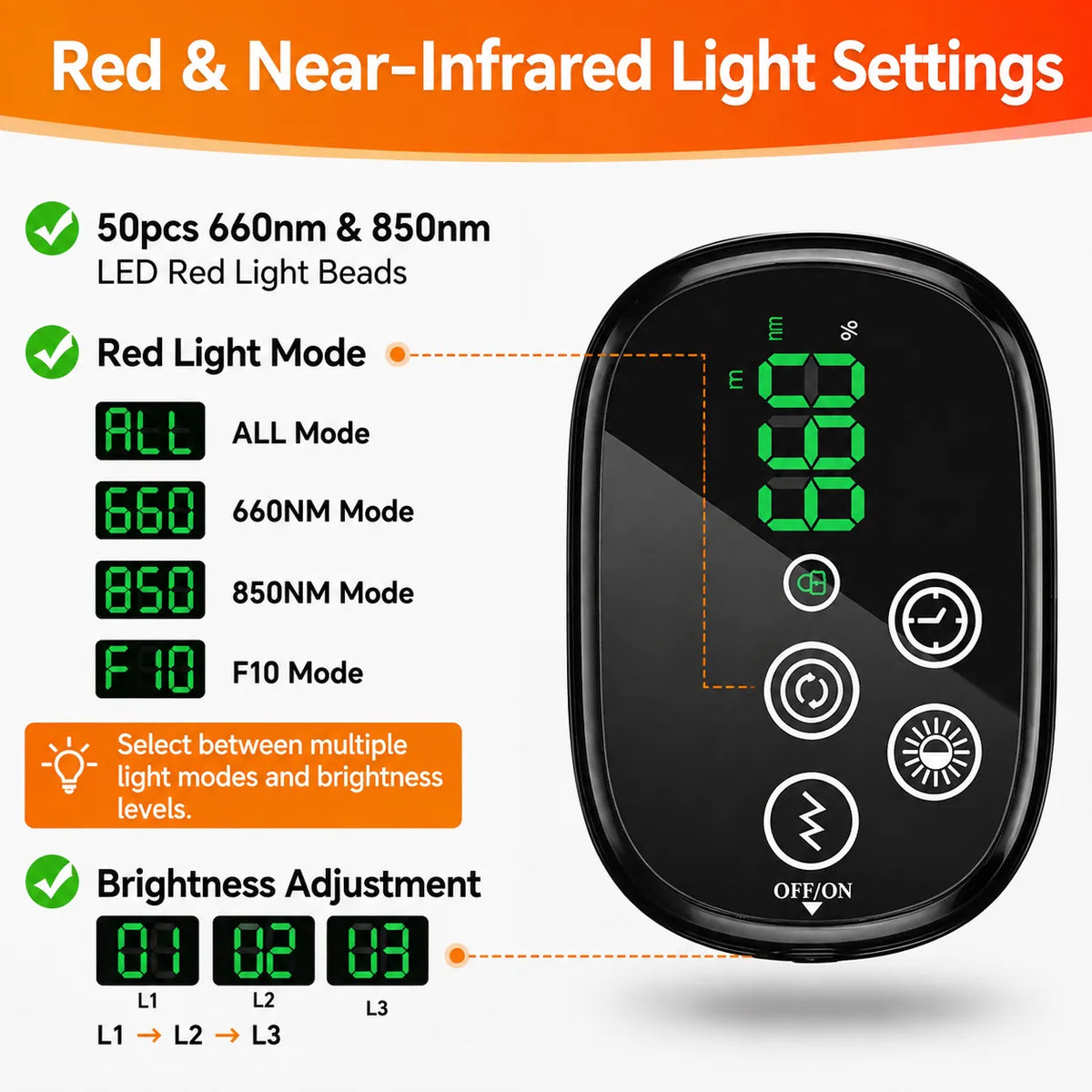 Réglages de la lumière rouge et proche infrarouge avec 660 nm et 850 nm.