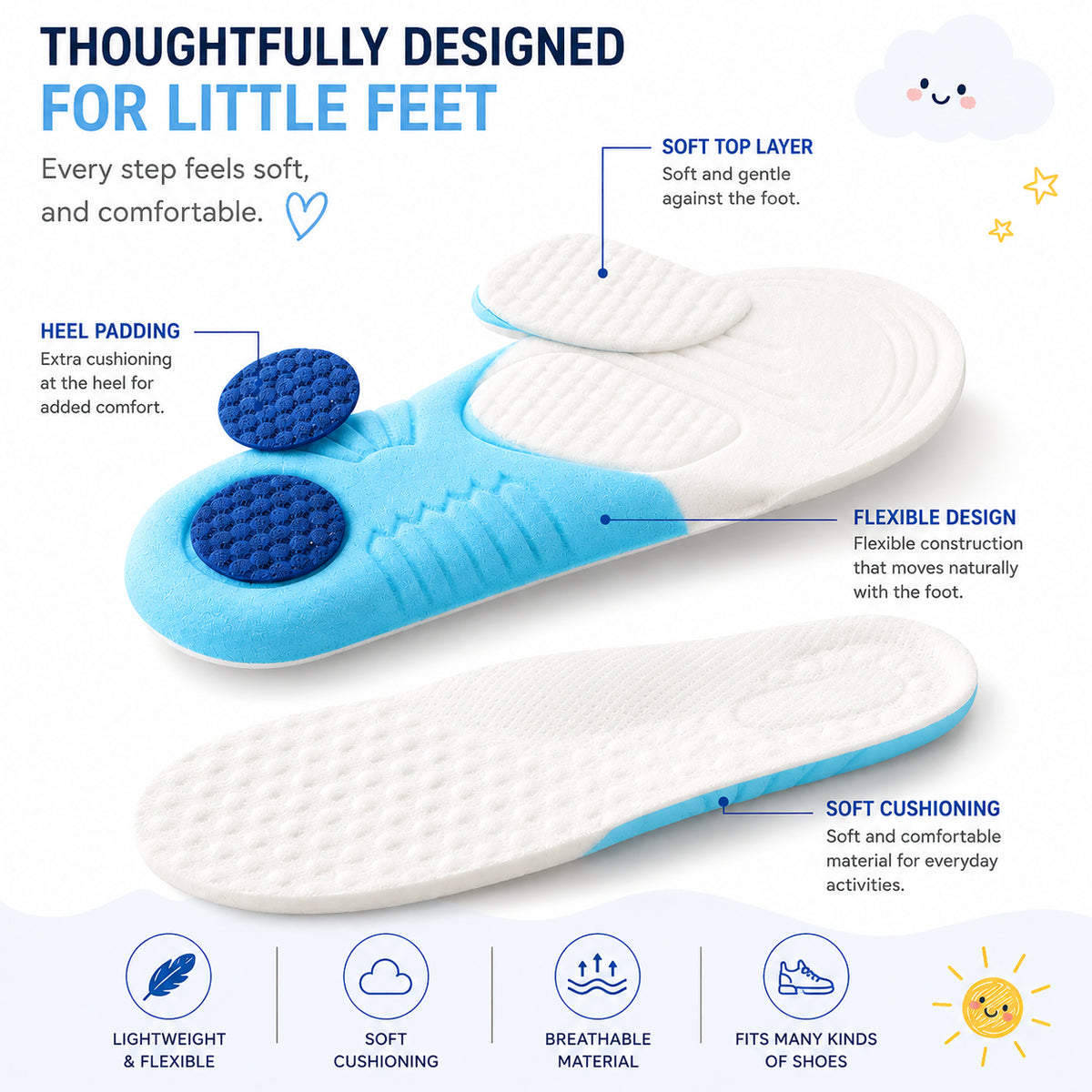 Semelles pour enfants avec dessus souple, construction flexible et rembourrage supplémentaire au talon pour le confort quotidien.