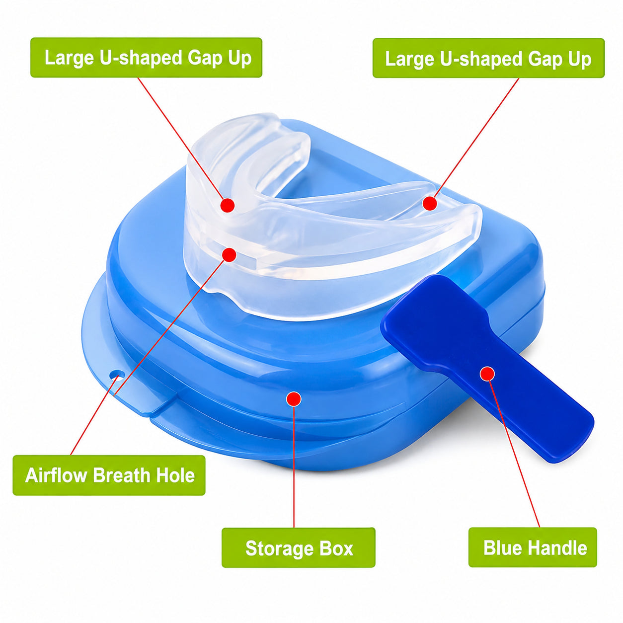 Protège-dents malléable sans BPA avec étui de rangement et poignée, conçu avec un canal d'aération pour une utilisation confortable.