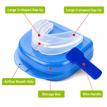 Protège-dents malléable sans BPA avec étui de rangement et poignée, conçu avec un canal d'aération pour une utilisation confortable.