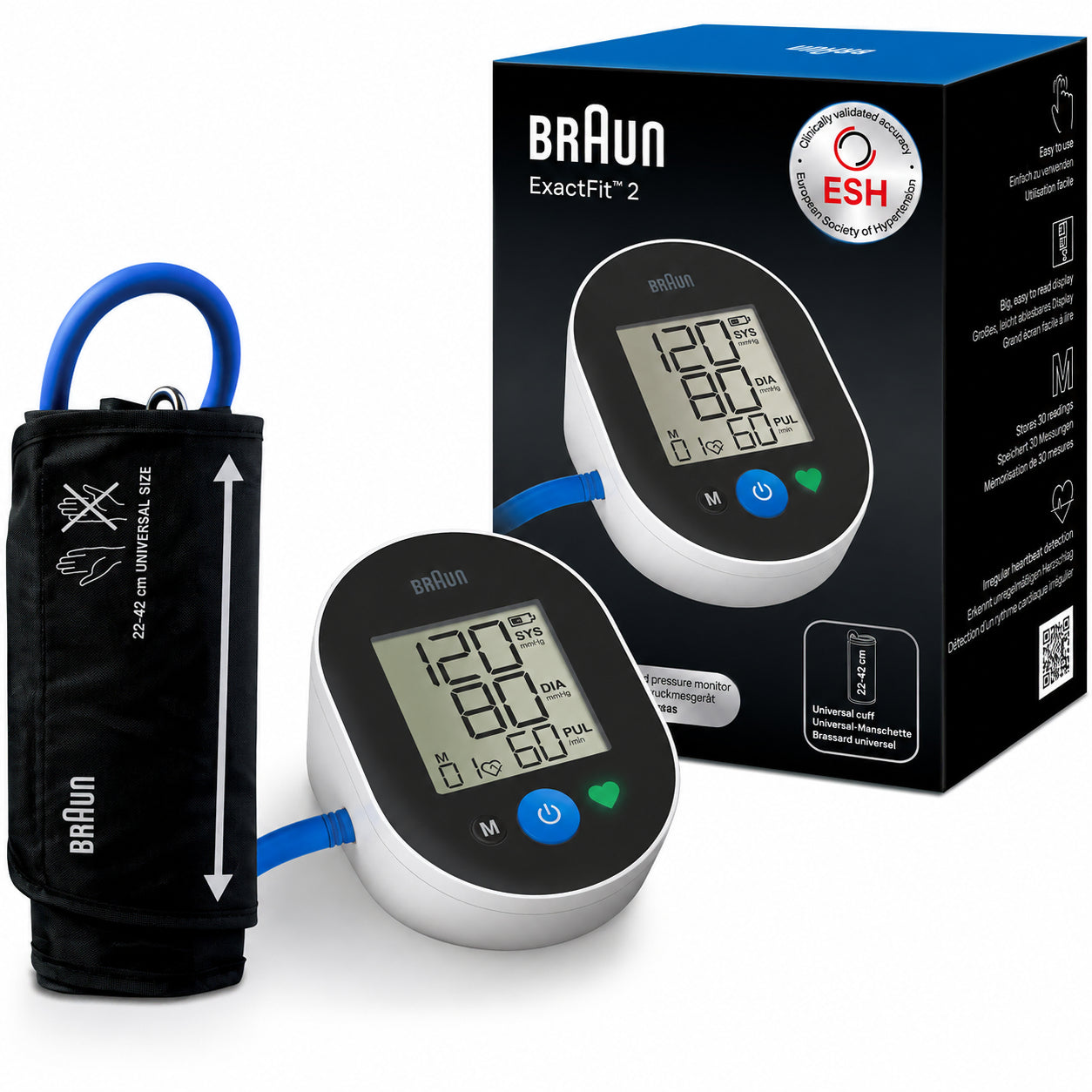 Braun ExactFit 2 blodtrycksmätare med manschett och förpackning.