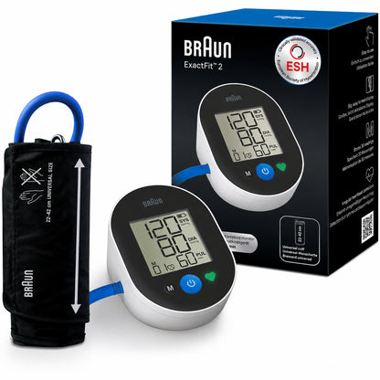 Braun ExactFit 2 blodtrycksmätare med manschett och förpackning.