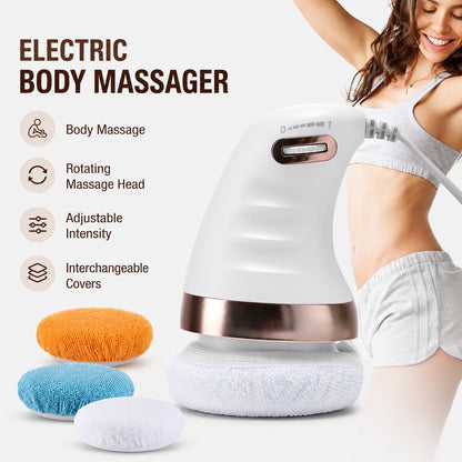 Appareil de massage à la cellulite avec tête de massage rotative, intensité réglable et housses interchangeables.