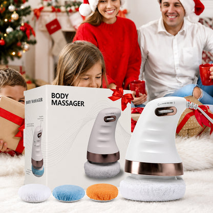 Appareil de massage à la cellulite avec housses de massage interchangeables, présenté comme un cadeau de Noël dans un environnement domestique.