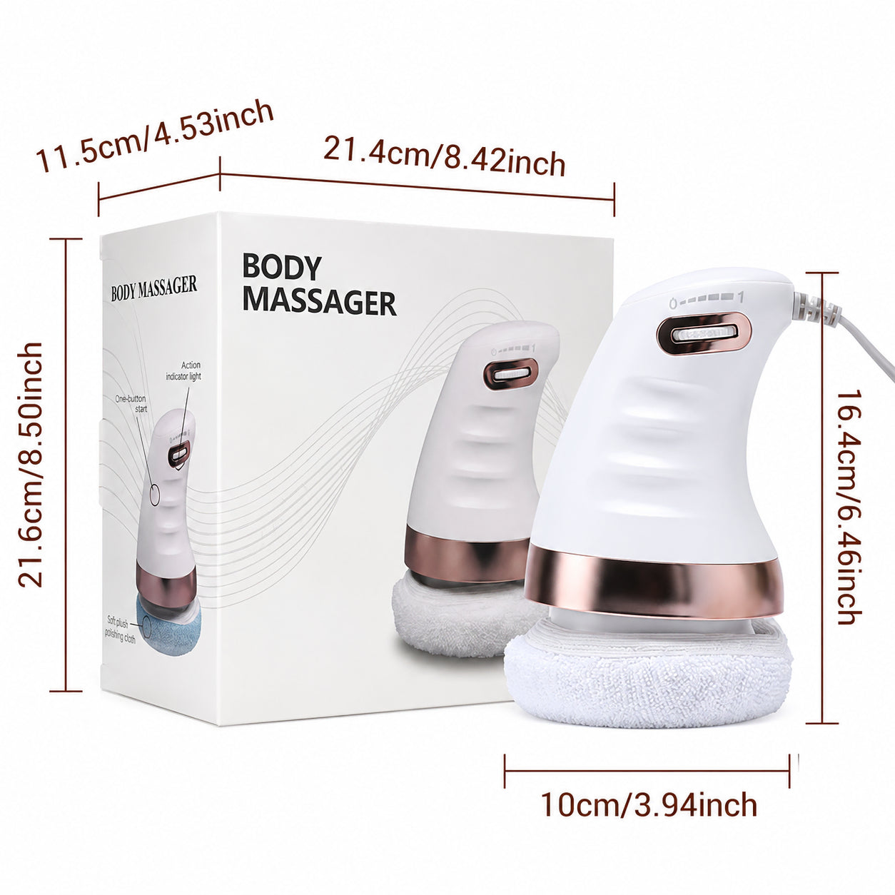 Appareil de massage à la cellulite avec dimensions du produit et dimensions sur l'emballage.