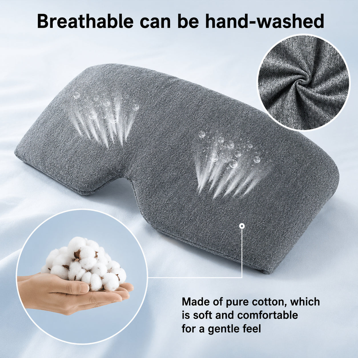 Masque de sommeil doux en coton gris en matière respirante et lavable à la main.