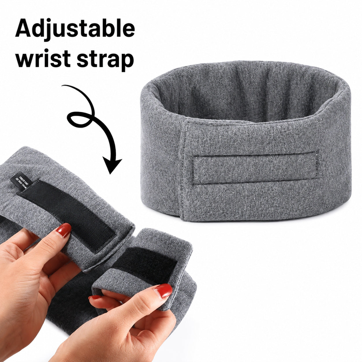 Masque de sommeil doux en coton gris avec bande velcro réglable pour un ajustement individuel.