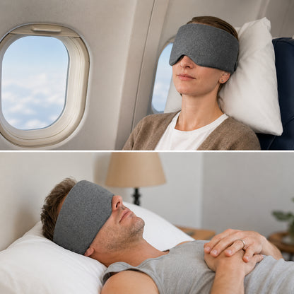 Masque de sommeil doux en coton gris utilisé pour un sommeil confortable à la maison et en avion.