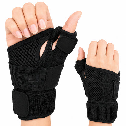 Attelle de poignet réglable avec soutien du pouce et bande velcro stabilisatrice pour main droite et gauche.