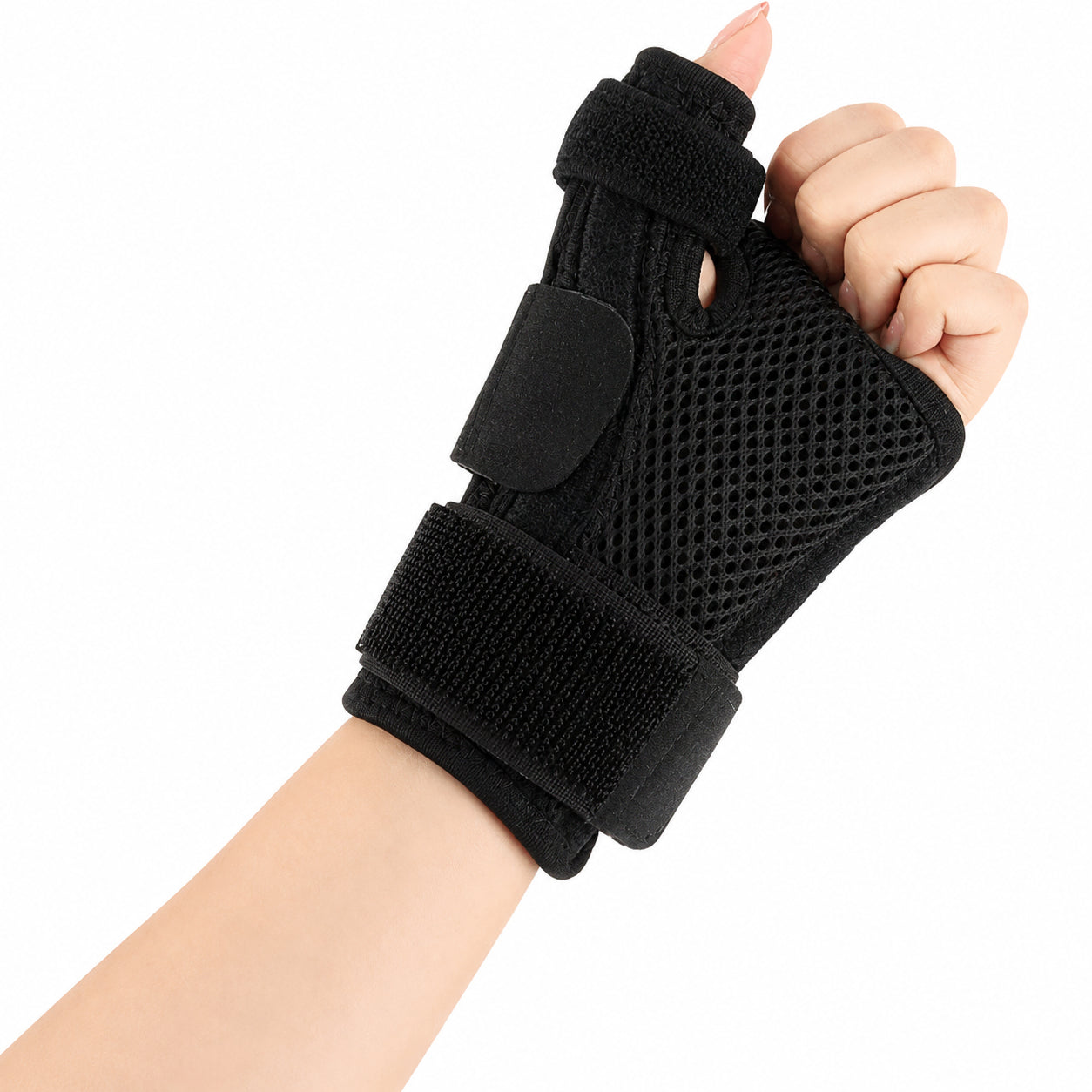 Attelle de poignet réglable avec soutien du pouce, attelle stabilisatrice et matière mesh respirante.