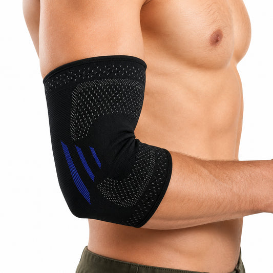 Coudière élastique noire à compression et confection tricotée respirante en cours d’utilisation.