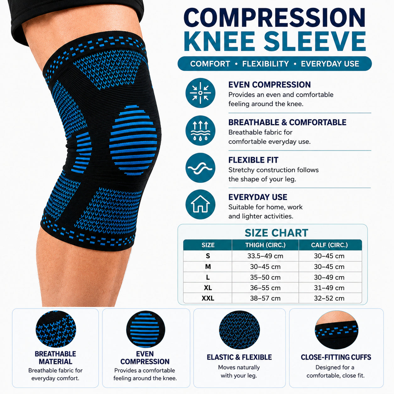 Infographie d’une genouillère élastique à compression montrant le guide des tailles, l’ajustement souple, la matière respirante et les caractéristiques du produit.