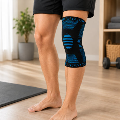 Une personne porte une genouillère élastique de compression pendant l'entraînement à la maison.