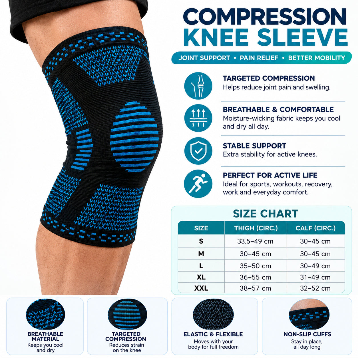 Guide des tailles et présentation du produit pour genouillère élastique avec compression et soutien.