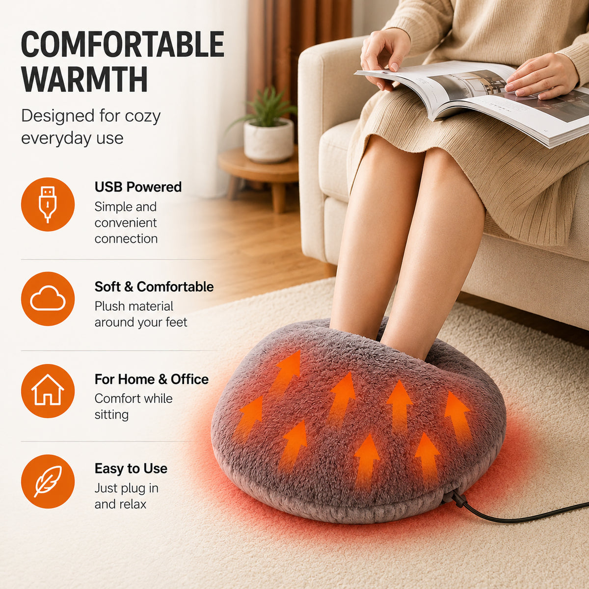 Chauffe-pieds USB électrique en matériau doux pour une chaleur confortable lorsque vous êtes assis à la maison ou au bureau.