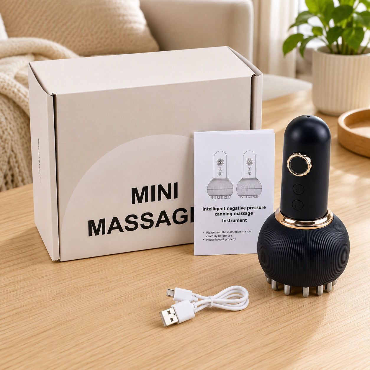 Massage électrique Gua Sha avec câble de charge USB, emballage et manuel d'utilisation dans l'environnement domestique.