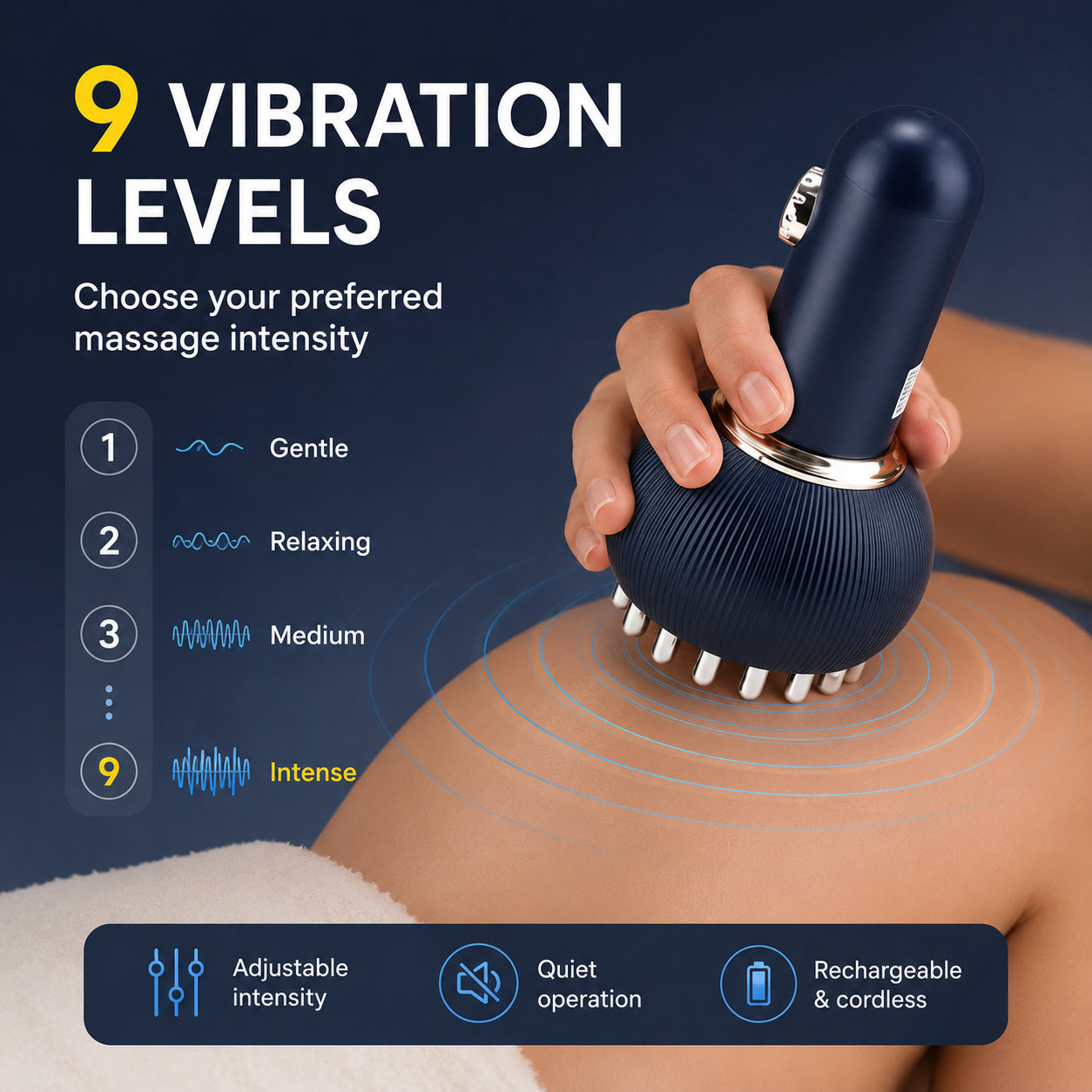 Massage électrique Gua Sha avec 9 niveaux de vibration et intensité de massage réglable.