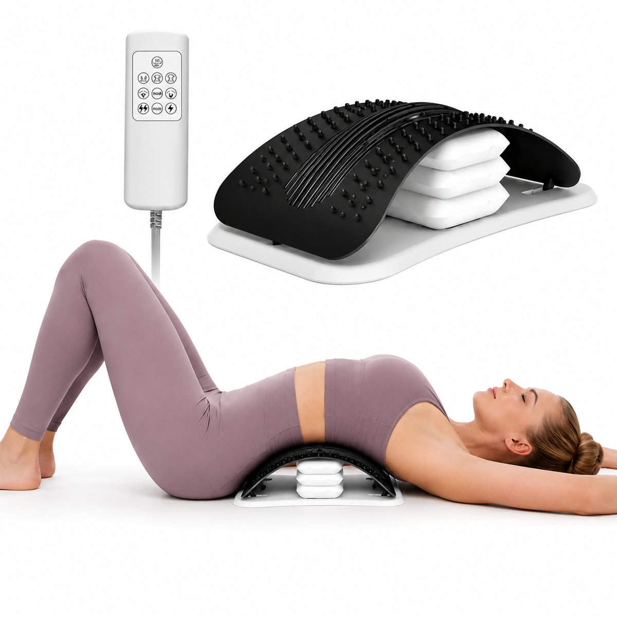 Tendeur dorsal électrique avec télécommande et système de coussin d'air réglable, illustré en utilisation paysagère.