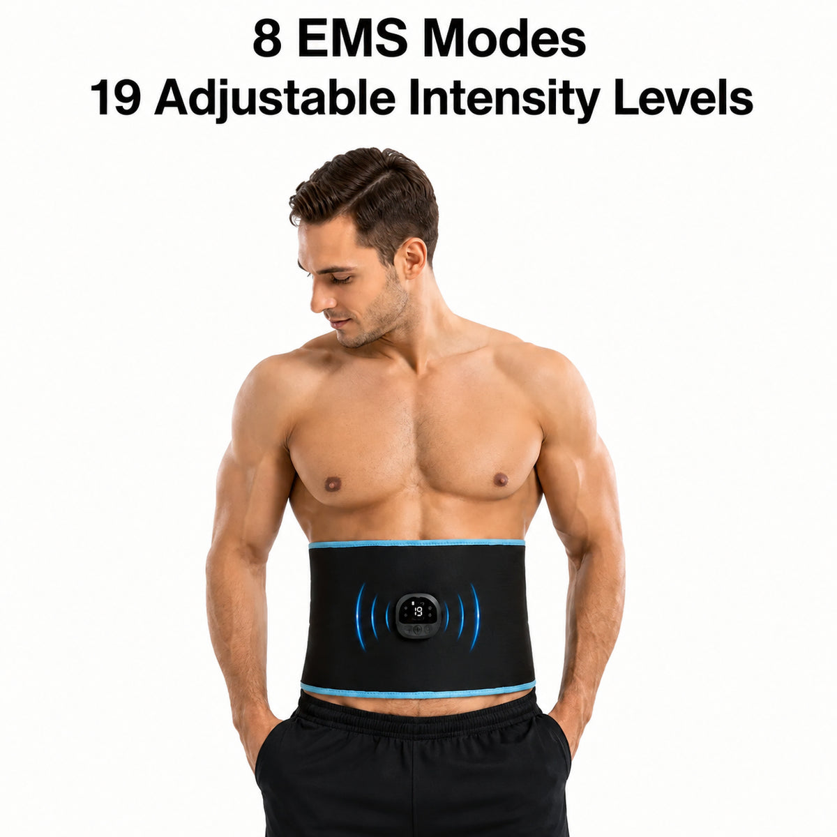 Ceinture abdominale EMS avec 8 programmes EMS et 19 niveaux d'intensité réglables.