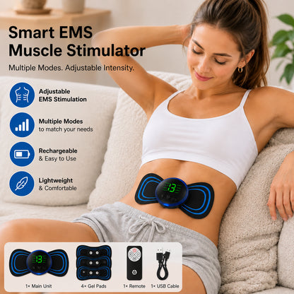 Masseur EMS avec stimulation musculaire électrique réglable et coussinets de gel auto-adhésifs.