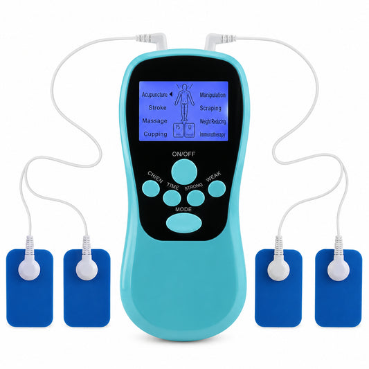 Appareil de massage TENS/EMS avec quatre électrodes pour la stimulation musculaire, le soulagement de la douleur et la détente.