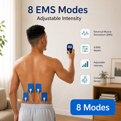 EMS-massageapparat med elektroder placerade på ländryggen och justerbar intensitet.