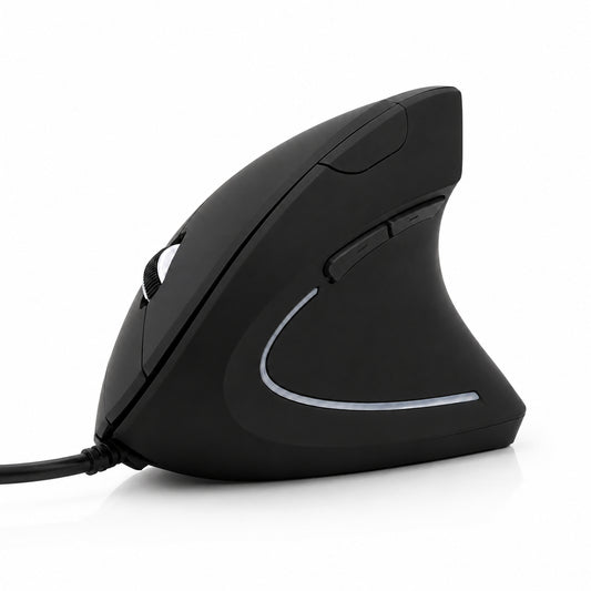 Souris ergonomique au design vertical, noire, avec boutons latéraux.