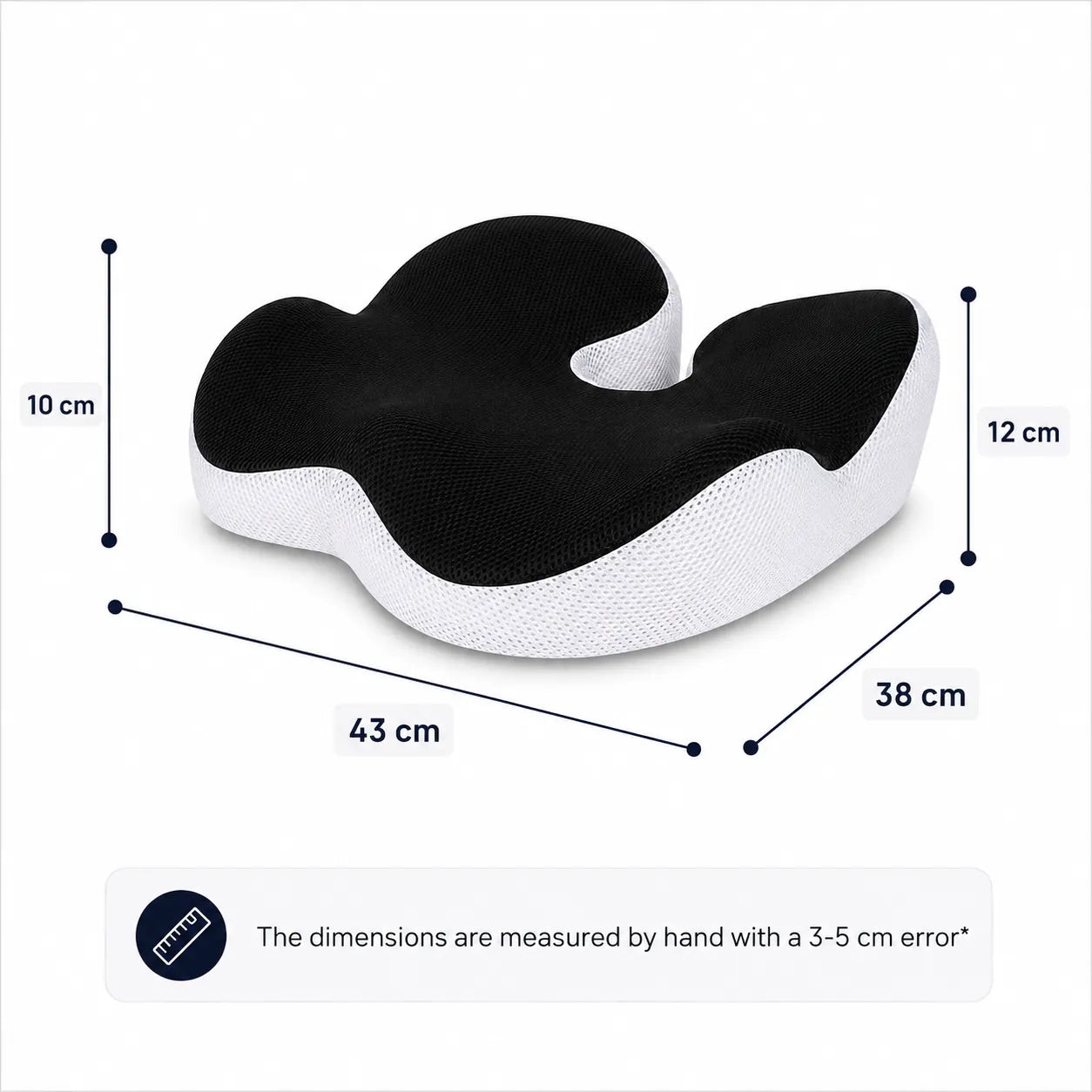 Ergonomisk sittdyna med angivna mått på 43 × 38 cm och en höjd på 10–12 cm