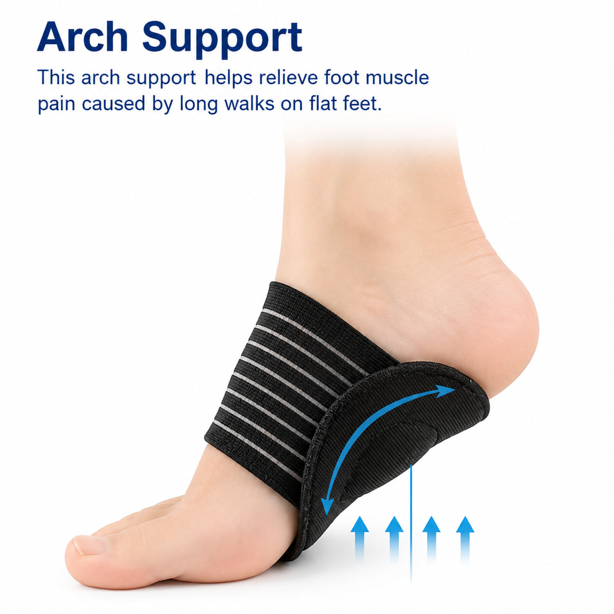 Soutien de voûte plantaire ergonomique avec bande de compression offrant un soutien et un soulagement de la voûte plantaire.