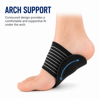 Support ergonomique de voûte plantaire avec insert profilé et sangle élastique pour un ajustement confortable près du corps sous la voûte.