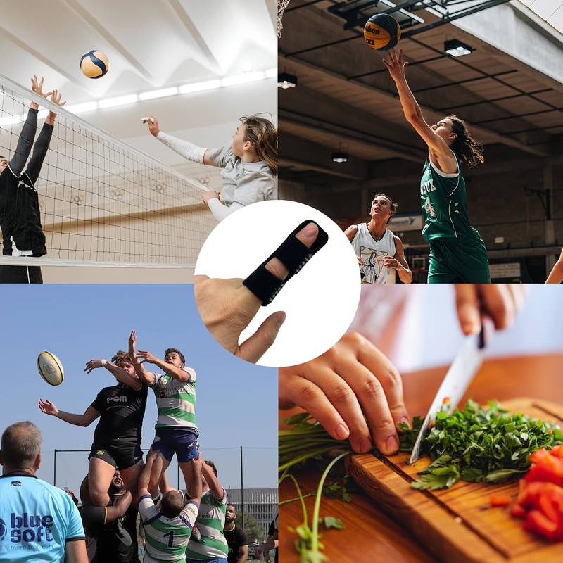Fingerstöd med justerbar passform visat vid vardagliga aktiviteter och fysisk aktivitet.