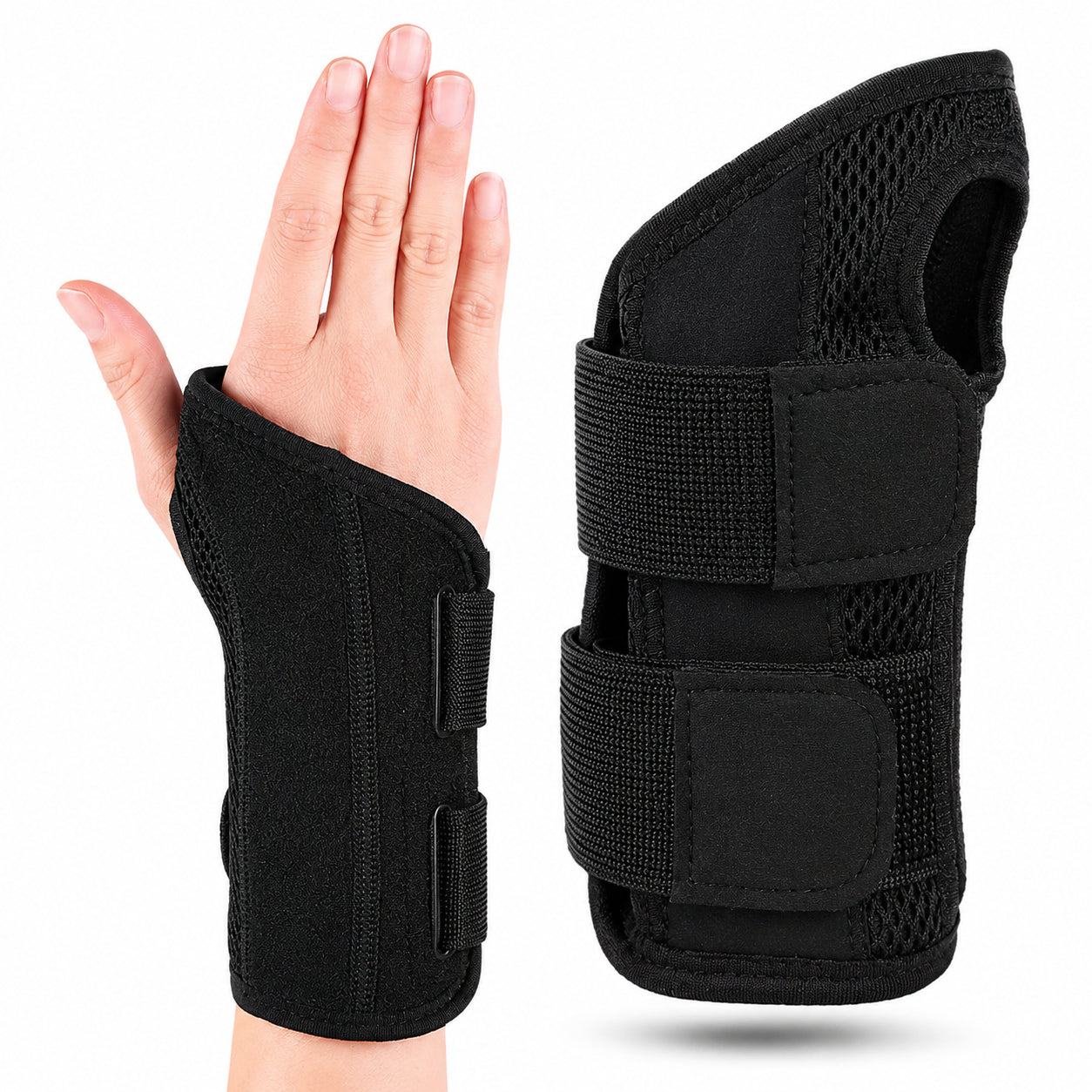 Attelle de poignet flexible noire avec sangles réglables et panneau en mesh respirant.