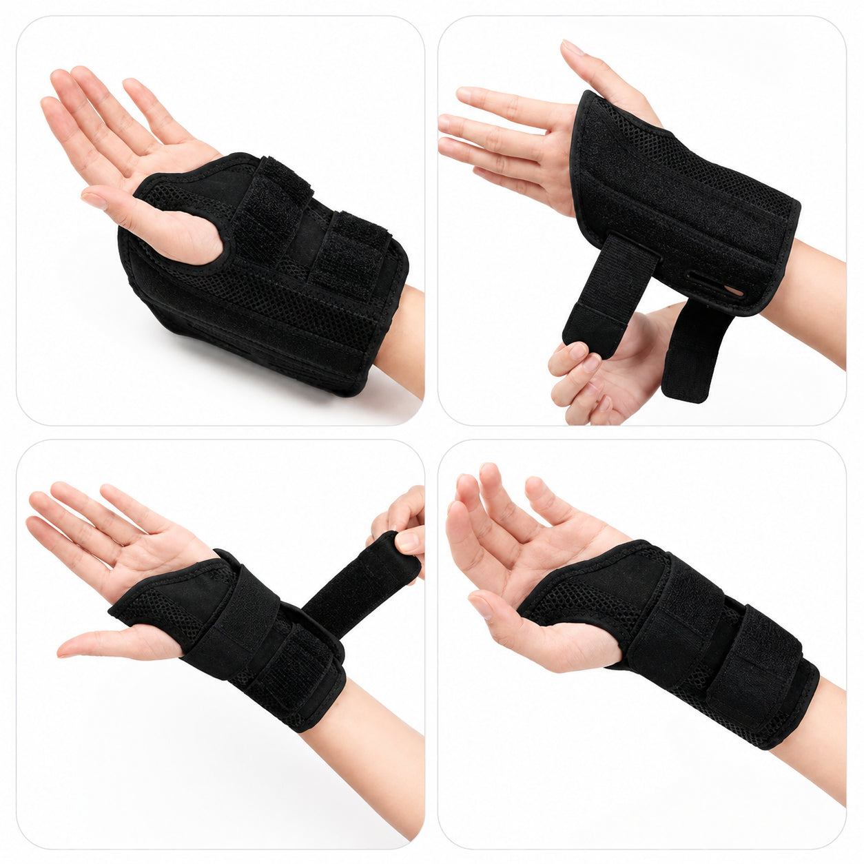 Attelle de poignet flexible présentée sous plusieurs angles et montrant comment l'ajuster avec la bande velcro.