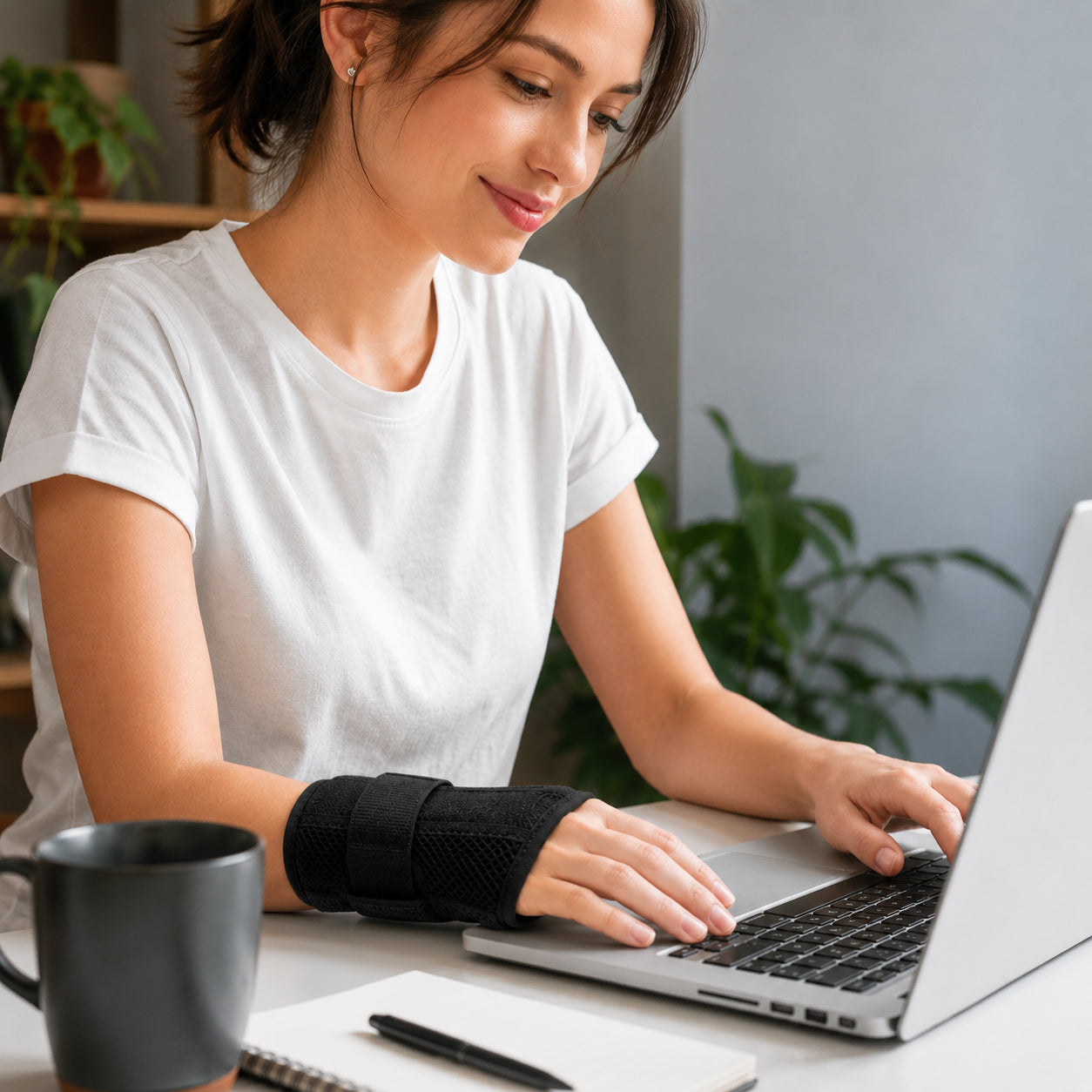 Texte alternatif : une femme travaille sur un ordinateur portable à la maison avec une attelle de poignet flexible noire au poignet.