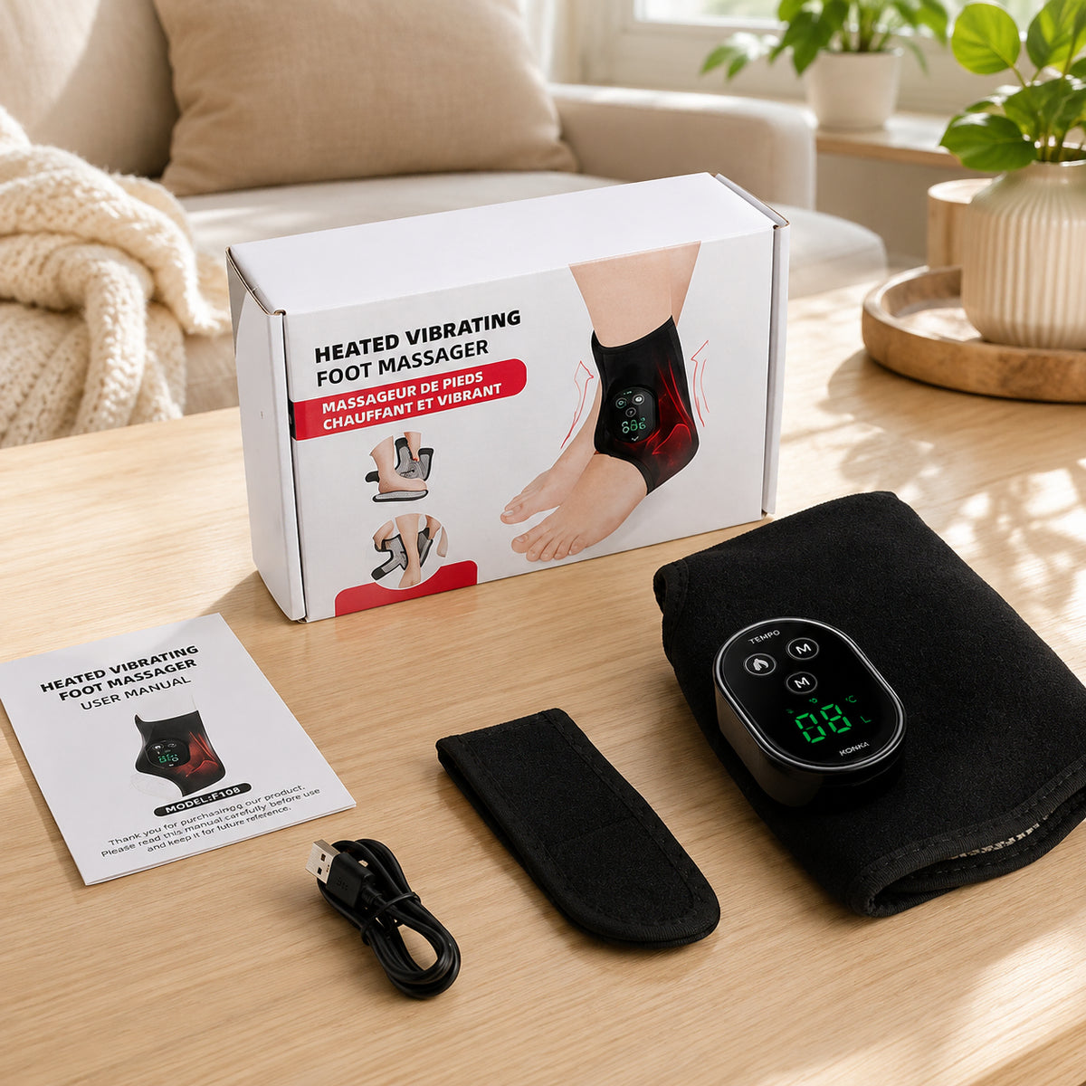 Chauffe-pieds et chevilles avec massage à la chaleur et aux vibrations, panneau de commande, câble USB et accessoires pour la maison.