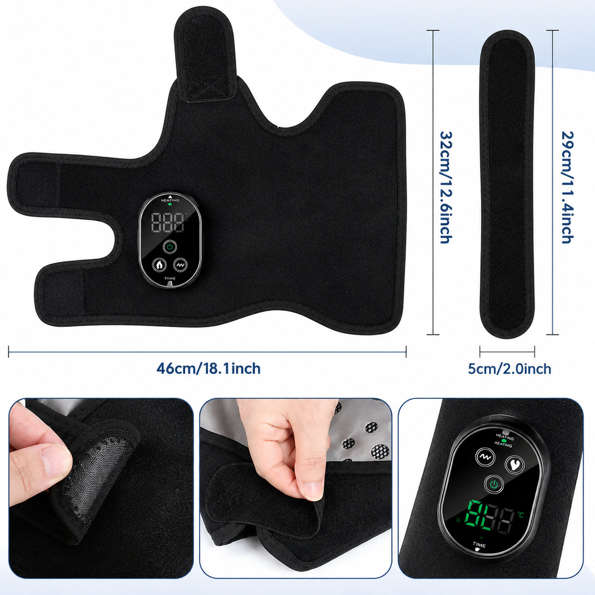 Chauffe-pieds et chevilles avec panneau de commande, sangle réglable et dimensions du produit.