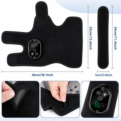 Chauffe-pieds et chevilles avec panneau de commande, sangle réglable et dimensions du produit.