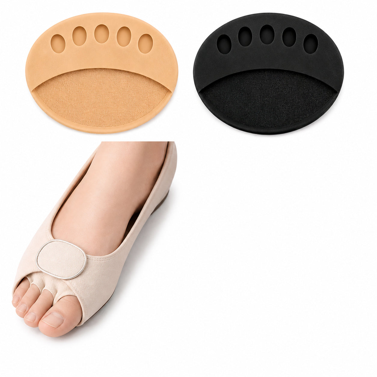 Coussinets pour l'avant-pied avec cinq ouvertures pour les orteils en beige et noir, présentés séparément et utilisés dans une chaussure pour l'amorti de l'avant-pied.