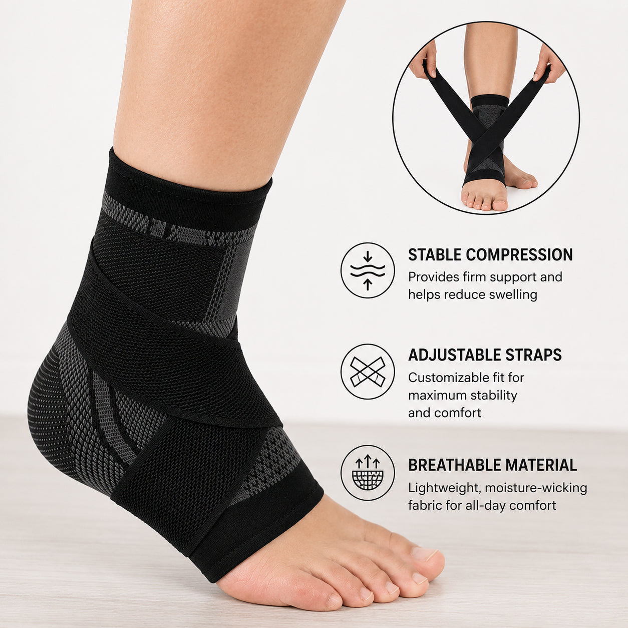 Chevillère avec compression et sangles réglables offrant un soutien stable, une compression et un confort autour de la cheville.