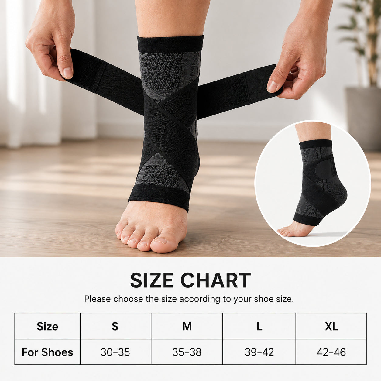 Guide des tailles pour chevillère avec compression et sangle ainsi que pointures pour un bon ajustement.