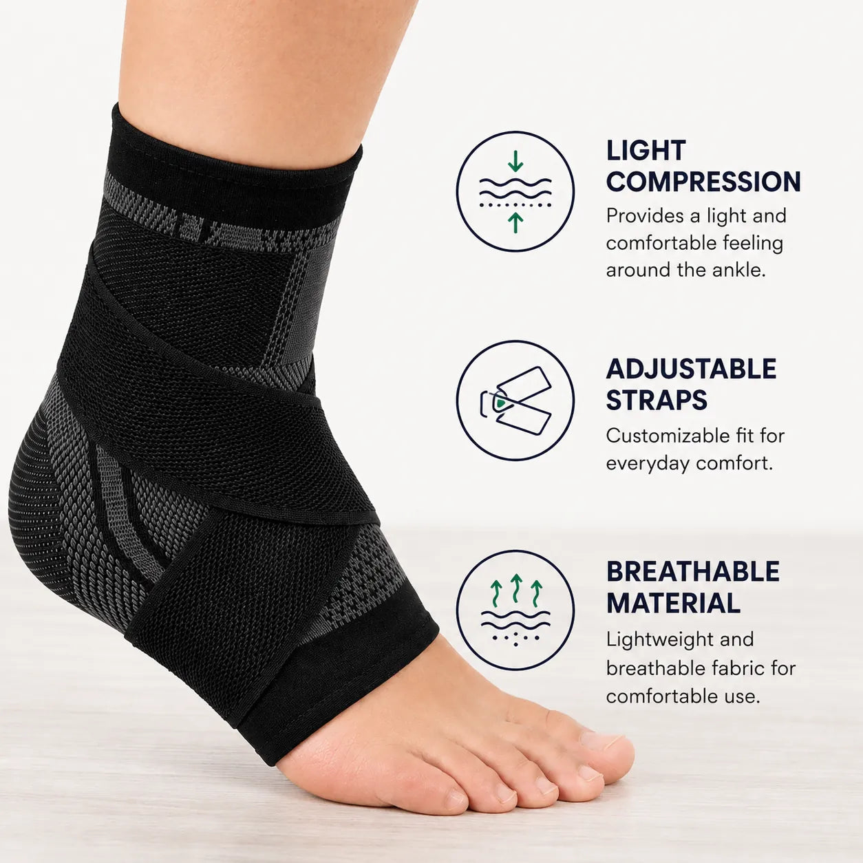 Chevillère à légère compression, avec sangles réglables et matière respirante pour un port confortable.