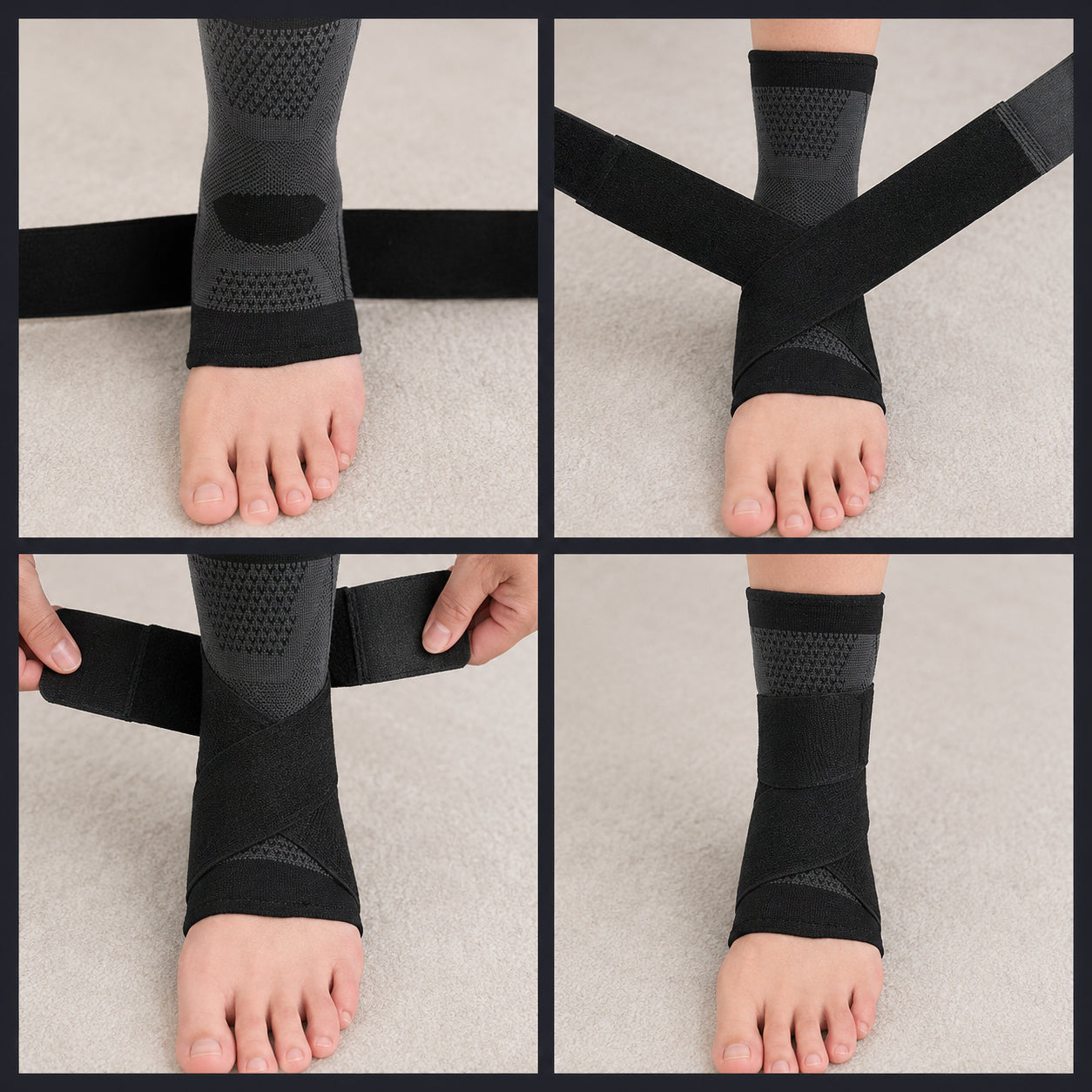 Guide étape par étape montrant comment mettre et ajuster une chevillère avec compression et sangle pour une stabilité optimale.